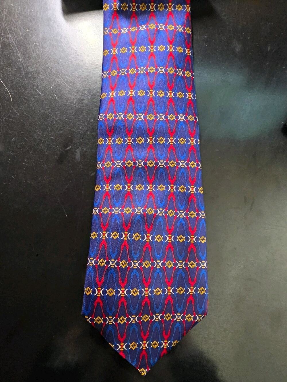 Vintage Fendi Blue Red Gold Geometric Woven Silk Tie